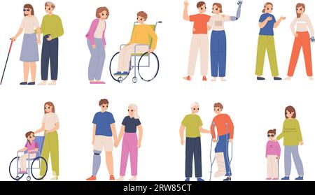Disabilities and friends or family. Adults and children with special needs. Cartoon diverse teenagers and young adults. Friendship snugly vector Stock Vector