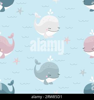 Cartoon whales seamless pattern. Cute whale swim in waves, underwater characters fabric print design. Marine animals nowaday vector background Stock Vector