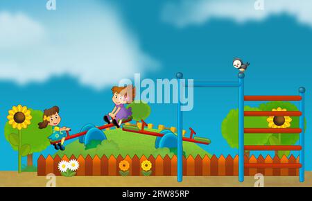 cartoon scene with kids playing at funfair amusement park or playground funny illustration Stock Photo