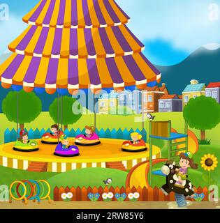 cartoon scene with kids playing at funfair amusement park or playground funny illustration Stock Photo