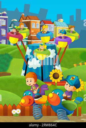 cartoon scene with kids playing at funfair amusement park or playground funny illustration Stock Photo