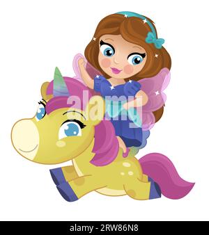 cartoon scene with princess sorceress riding on flying horse pegasus isolated illustration for kids Stock Photo