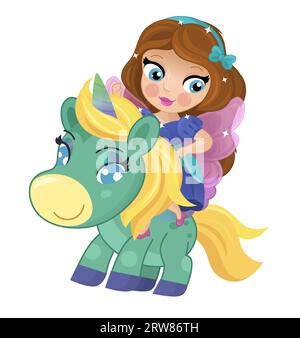 cartoon scene with princess sorceress riding on flying horse pegasus isolated illustration for kids Stock Photo