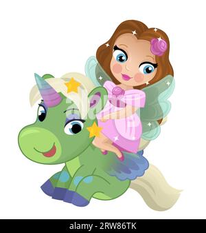 cartoon scene with princess sorceress riding on flying horse pegasus isolated illustration for kids Stock Photo