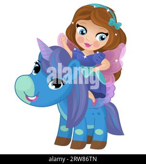 cartoon scene with princess sorceress riding on flying horse pegasus isolated illustration for kids Stock Photo