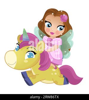 cartoon scene with princess sorceress riding on flying horse pegasus isolated illustration for kids Stock Photo