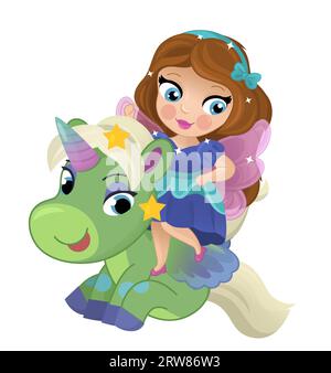 cartoon scene with princess sorceress riding on flying horse pegasus isolated illustration for kids Stock Photo