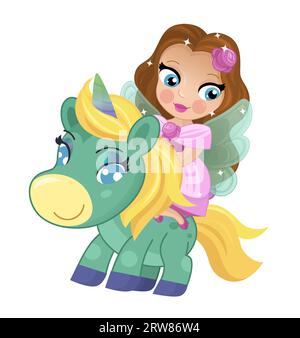 cartoon scene with princess sorceress riding on flying horse pegasus isolated illustration for kids Stock Photo