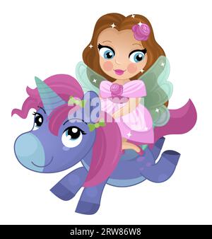 cartoon scene with princess sorceress riding on flying horse pegasus isolated illustration for kids Stock Photo