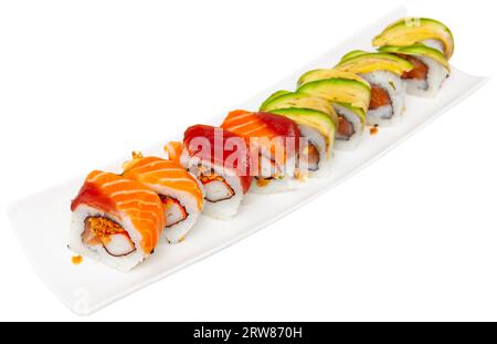 For several guests, Japanese lunch is served - set of uramaki rolls, soy sauce, Stock Photo