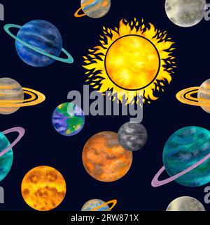 Watercolor seamless pattern with planets of the solar system mercury, venus, earth, mars, jupiter, saturn, uranus, neptune, luna, sun. Background with Stock Photo