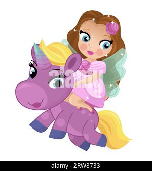 cartoon scene with princess sorceress riding on flying horse pegasus isolated illustration for kids Stock Photo