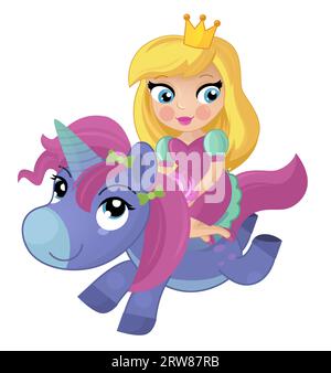 cartoon scene with princess sorceress riding on flying horse pegasus isolated illustration for kids Stock Photo