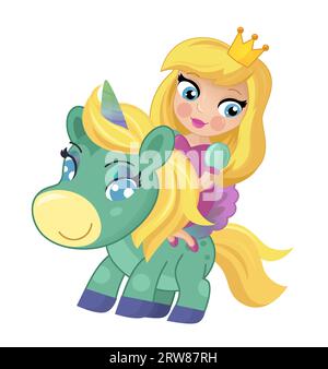 cartoon scene with princess sorceress riding on flying horse pegasus isolated illustration for kids Stock Photo