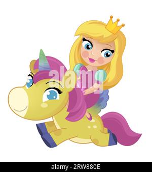 cartoon scene with princess sorceress riding on flying horse pegasus isolated illustration for kids Stock Photo