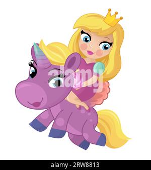 cartoon scene with princess sorceress riding on flying horse pegasus isolated illustration for kids Stock Photo