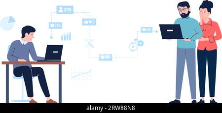 Smm manager strategy concept. Young man planning, couple publication content and looking likes. Digital marketing in social media recent vector scene Stock Vector