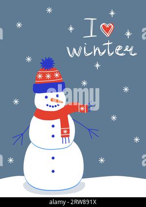 Winter holidays greeting card with cute snowman and I love winter lettering, vector illustration Stock Vector