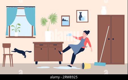 Home accident. Woman fell on floor, household injury. Female character trauma while cleaning. Clean house, washing floor recent vector scene Stock Vector