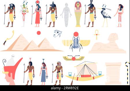 Ancient Egyptian god and pharaoh statues, throne, vase and column for ...