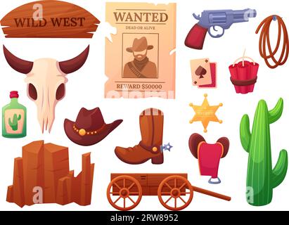 Western cartoon elements, cowboy emblems and wild west. Leather boots and hat, mexican cactus and animal skull. Nowaday vector clipart Stock Vector