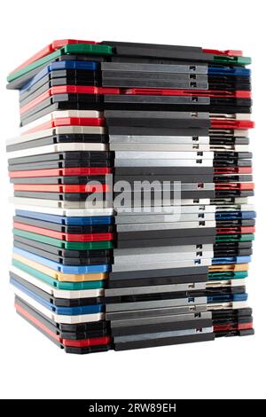 Colored old retro floppy diskettes in stack. Isolated on white background. Stock Photo