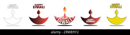 Set of Happy Diwali Text Design with oil lamp on white background. Vector Illustration. Stock Vector