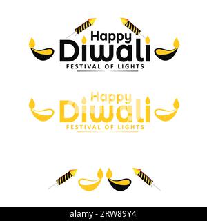 Set of Happy Diwali Text Design with Fireworks and oil lamp on white background. Vector Illustration. Stock Vector