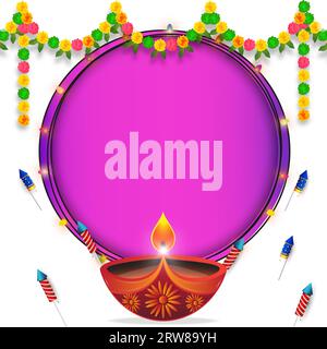 Happy Diwali festival background with Diwali lamp and fireworks and colorful flower garland decoration toran. Vector illustration. Stock Vector