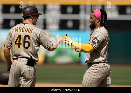 San Diego Padres left fielder Juan Soto celebrates his two-run single with  first base coach David Macias (46) against the Detroit Tigers in the fifth  inning of a baseball game, Saturday, July