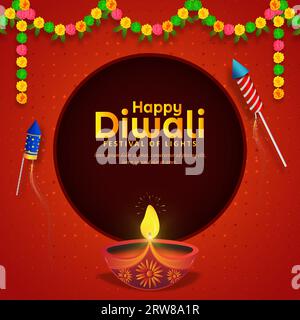 Happy Diwali festival background with Diwali lamp and fireworks and colorful flower garland decoration toran. Vector Illustration. Stock Vector