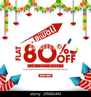 80% off Diwali banner template design with colorful flowers and fireworks on white background. Happy Diwali sale banner template. Stock Vector