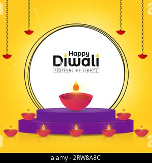 Happy Diwali oil lamp on podium with fireworks on yellow background. Vector illustration Stock Vector