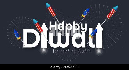 Happy Diwali Text Design with Fireworks on black background. Vector Illustration. Stock Vector