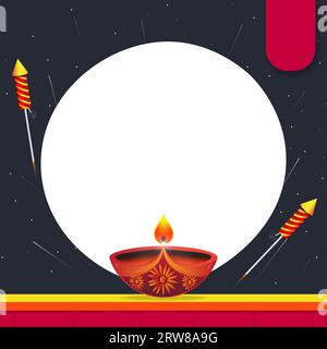 Happy Diwali festival of lights greeting card design. Diwali oil lamp on wall and crackers background. Vector illustration Stock Vector