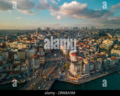 Drone view of the Galata Bridge, view of the Galata Tower. Spring Istanbul, sunset Stock Photo