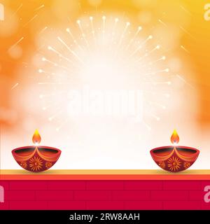 Happy Diwali Background. Two diyas on red brick wall and fire crackers bursting on yellow background during Diwali festival. Stock Vector
