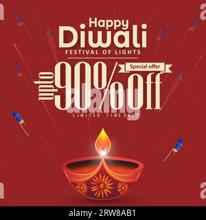 90% off happy diwali sales banner template design with fireworks on red background. Vector illustration. Stock Vector