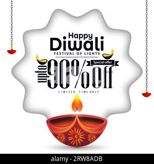 90% off happy diwali sale banner template design on white background. Vector illustration. Stock Vector