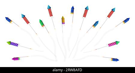 Set of colorful fireworks rocket isolated in different colors on a white background. Vector illustration. Stock Vector
