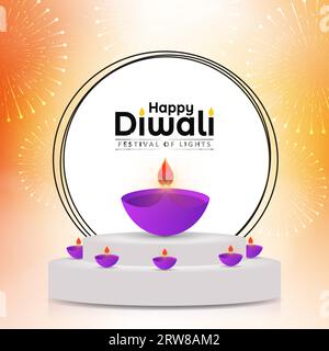 Happy Diwali oil lamp on podium with fireworks background. Vector illustration Stock Vector