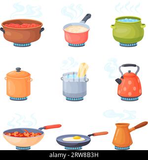 Boiling food on stove. Cooking smell foods pot on cooker with gas fire flames, cook heat soup in stainless saucepans, open steam pans saute kettle cartoon neat vector illustration of cooking utensil Stock Vector