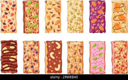 Muesli bars. Isolated granola bar with seeds nuts and dried fruits, protein cereal chocolate snack raw organic healthy food for athletes energy nutrition, neat vector illustration Stock Vector