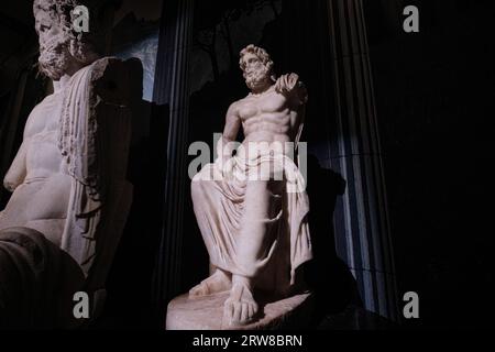 Istanbul, Turkey - September 16 2023: Marble statue of Zeus in Istanbul Archaeological Museums. Dates back to Roman Period found in Demirci, Aydin Stock Photo