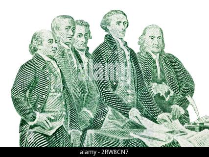 Macro cut out of US two dollar bill.  Thomas Jefferson, Benjamin Franklin, John Adams and other Colonials presenting the Declaration of Independence t Stock Photo