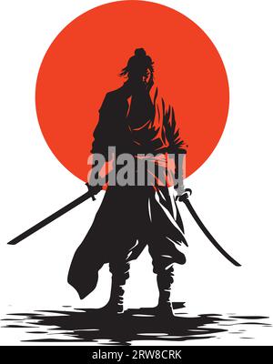 Samurai silhouette on Japan flag isolated on white background, vector illustration. Stock Vector