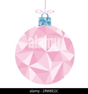Pink festive ball with triangle geometric pattern, Christmas tree decoration toy, hanging on rope, winter holidays design element, vector illustration Stock Vector