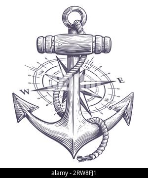 Anchor with rope and nautical compass drawn in engraving style. Sketch vintage vector illustration Stock Vector