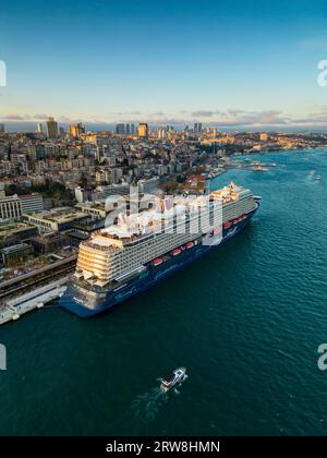 Beyoglu, Istanbul Turkey - April 8, 2023 : Galataport Drone Photo, Galata Beyoglu Istanbul, Turkey. Spring evening. Vertical photo Stock Photo