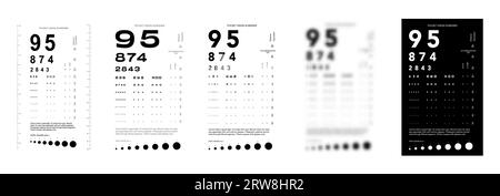 Set of Rosenbaum Pocket Vision Screener Eye Test Chart medical illustration with numbers. Line vector sketch style outline isolated on white, black background. Vision board optometrist ophthalmic Stock Vector